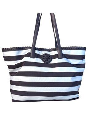 Tory Burch Striped Tote Bag Navy & White 16"x11"x6" Medium Size W/Double Handles